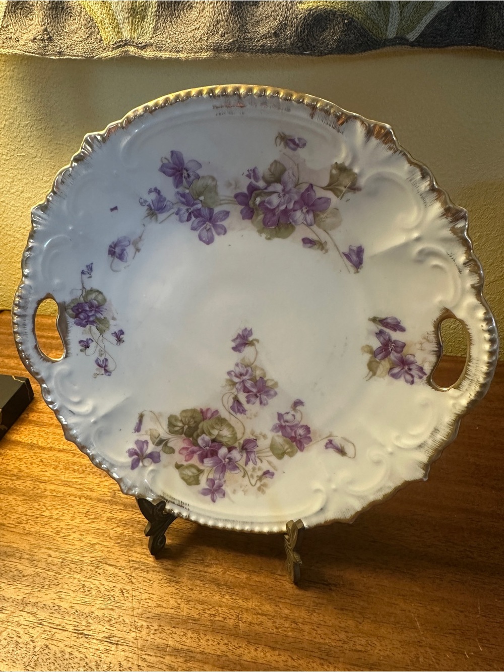 Vintage White Porcelain Serving Platter with Purple Floral Decal and Gold Trim